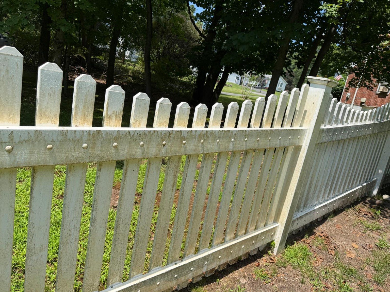 White vinyl fence before cleaning with visible green and brown organic buildup.